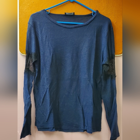 Zara Tops Zara Collection Blue With Lace Sleeves Poshmark